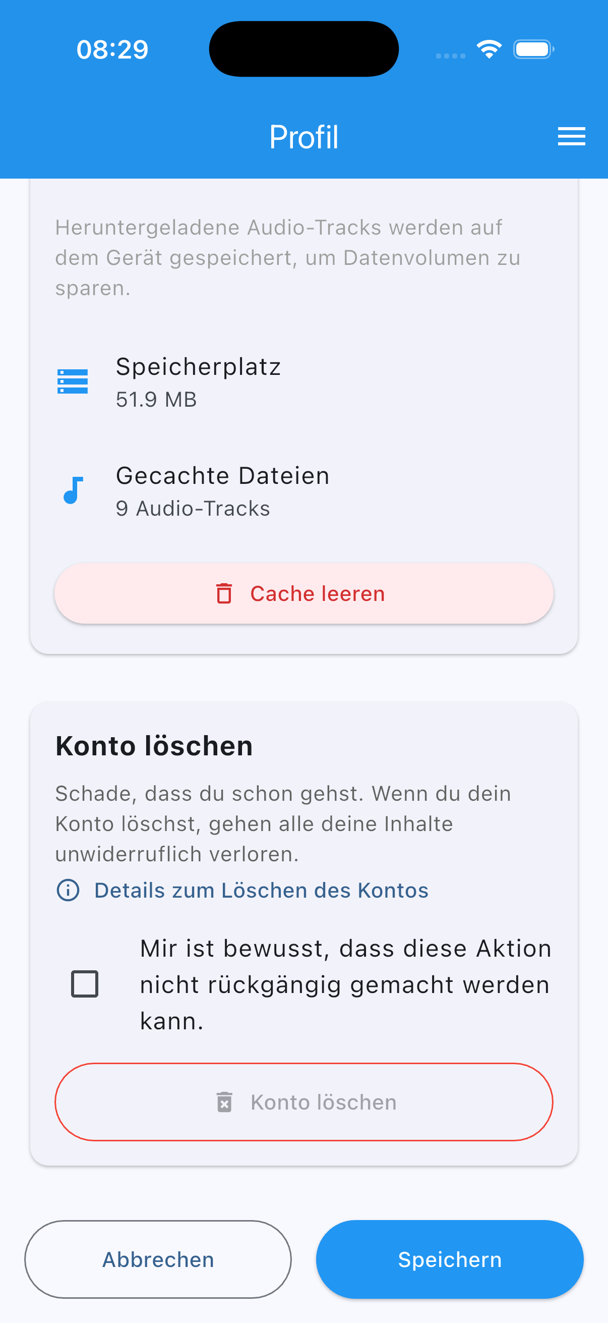 Profil-Seite mit der Schaltfläche „Konto löschen“